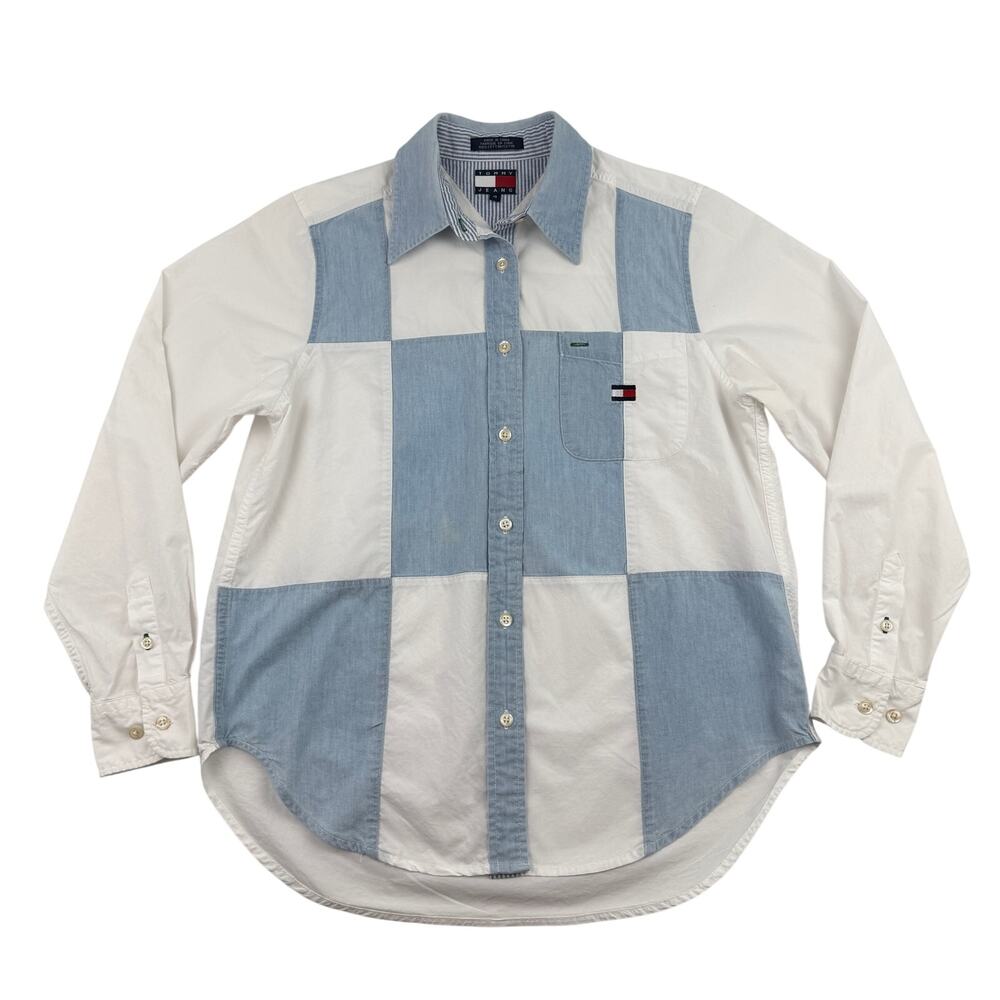 Tommy Jeans Patchwork Button Front Shirt Size 4 90s Preppy Colorblock